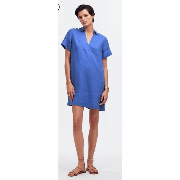 Madewell $128 V-Neck Mini Dress 100% Linen in Blue Star Size XS NQ627 - Picture 1 of 9